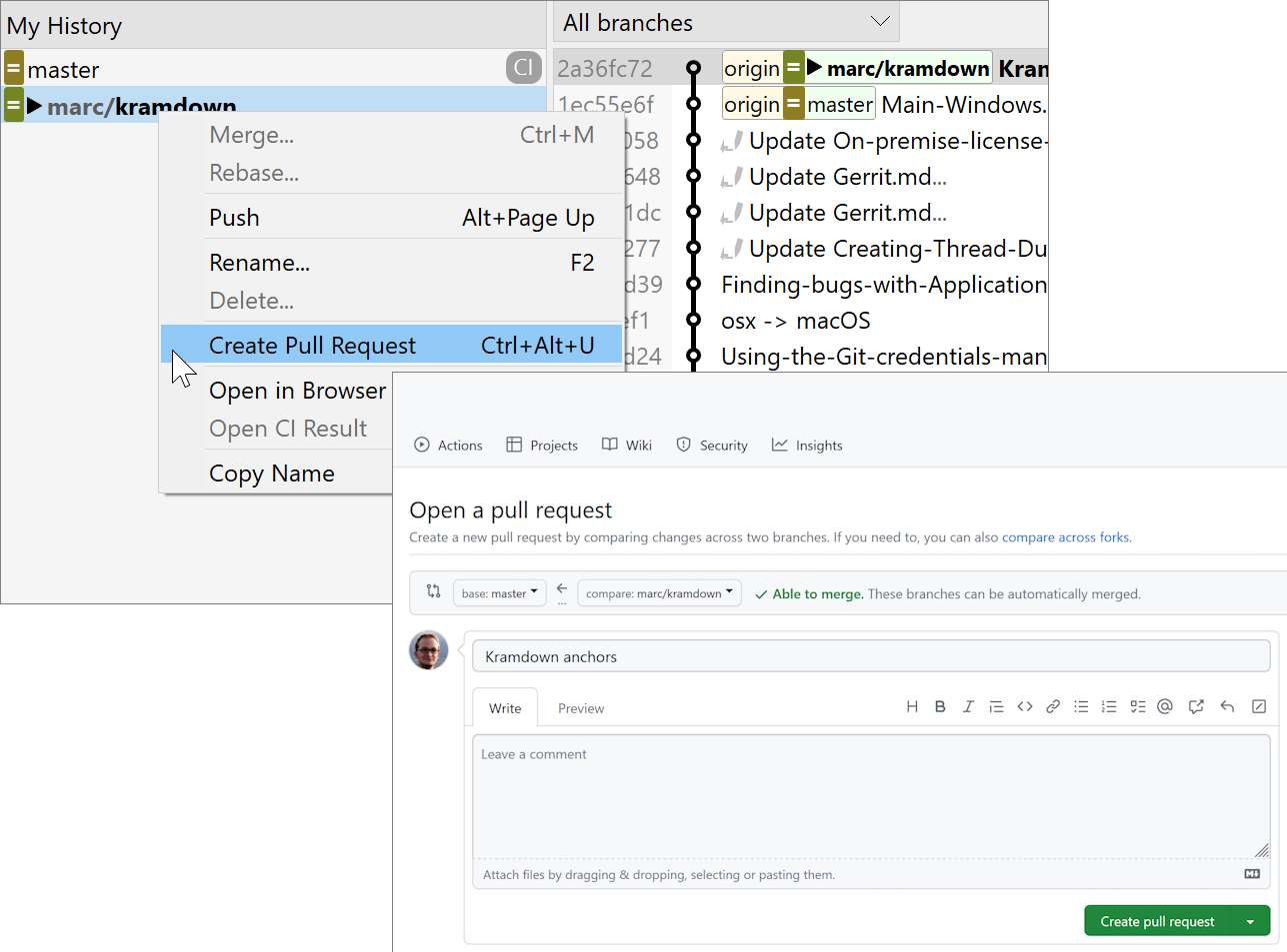 SmartGit 23.1 pull request creation redirecting to web browser with pre-filled forms
