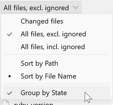 SmartGit 23.1 file grouping by modification state with organized change visibility
