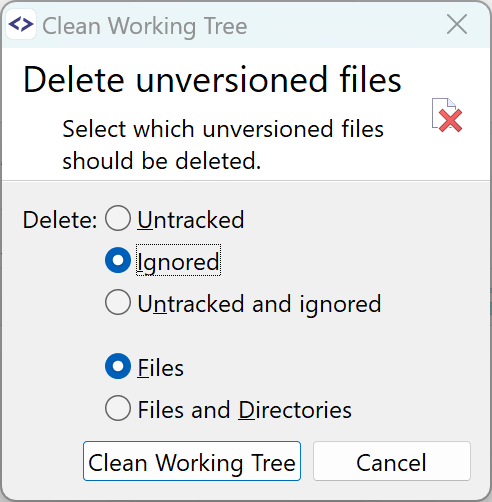 SmartGit 23.1 enhanced Clean Working Tree dialog with clearer option descriptions