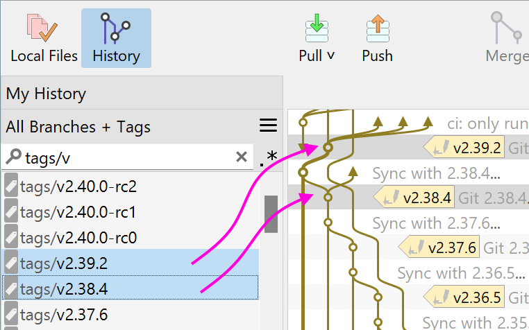SmartGit 23.1 branch comparison via multi-selection in All Branches+Tags view