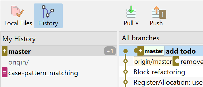 SmartGit 23.1 diverged branch display in My History with intuitive remote positioning
