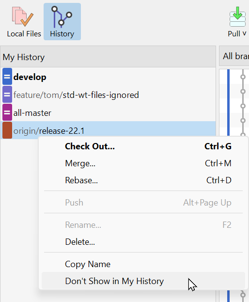SmartGit 23.1 My History view with favorite branches and focused repository visualization