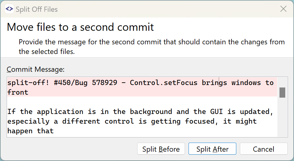SmartGit 23.1 split-off files feature with flexible commit positioning options