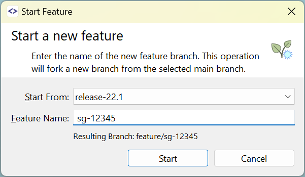 SmartGit 23.1 Start Feature dialog with multiple main branch selection options