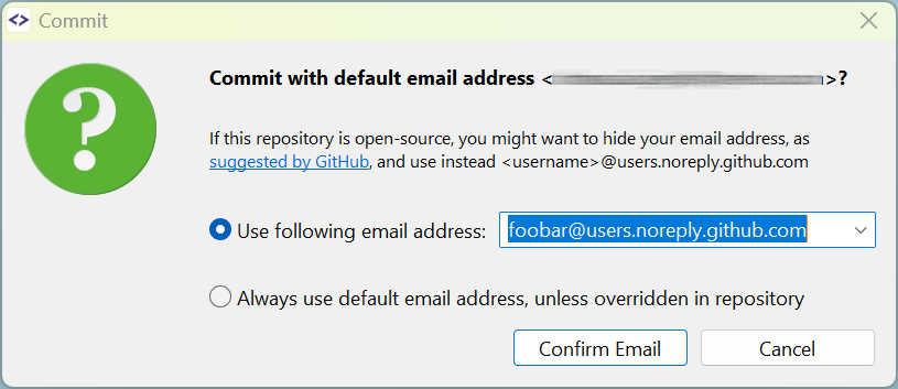 SmartGit 23.1 GitHub no-reply email confirmation for privacy-focused commit authoring