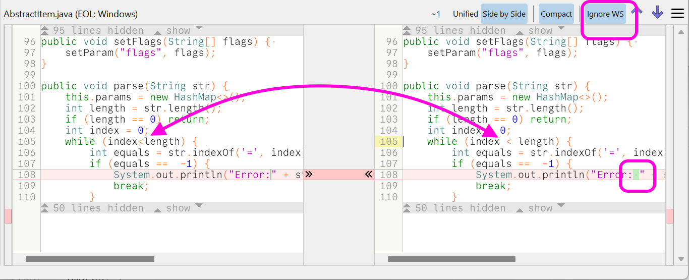 SmartGit 24.1 whitespace filtering in changes view for cleaner code review focus