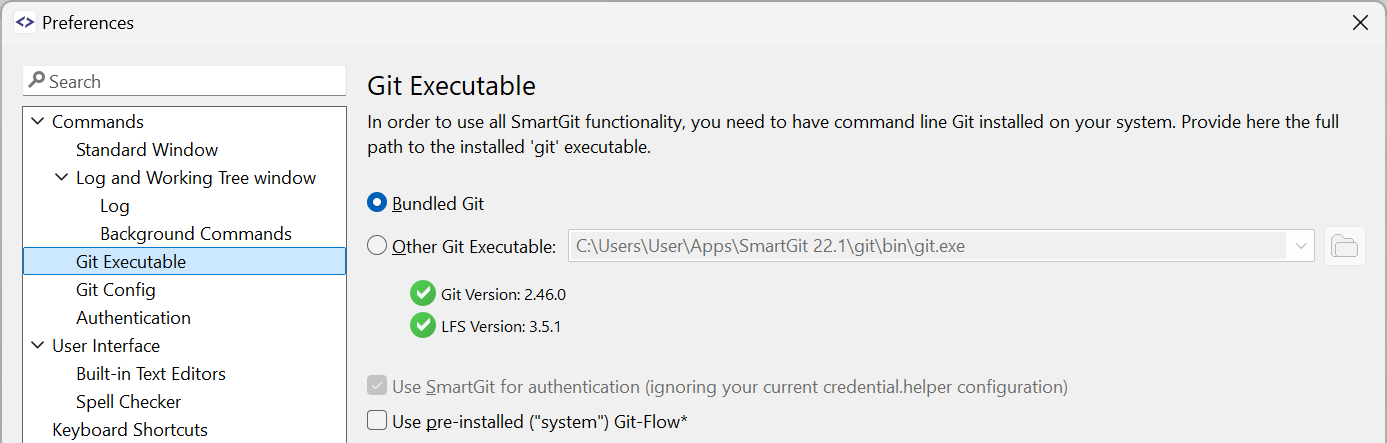 SmartGit 24.1 Git executable selection with version detection and bundled option