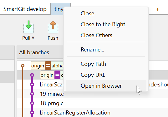 SmartGit 24.1 one-click GitHub/hosting provider integration for seamless browser navigation