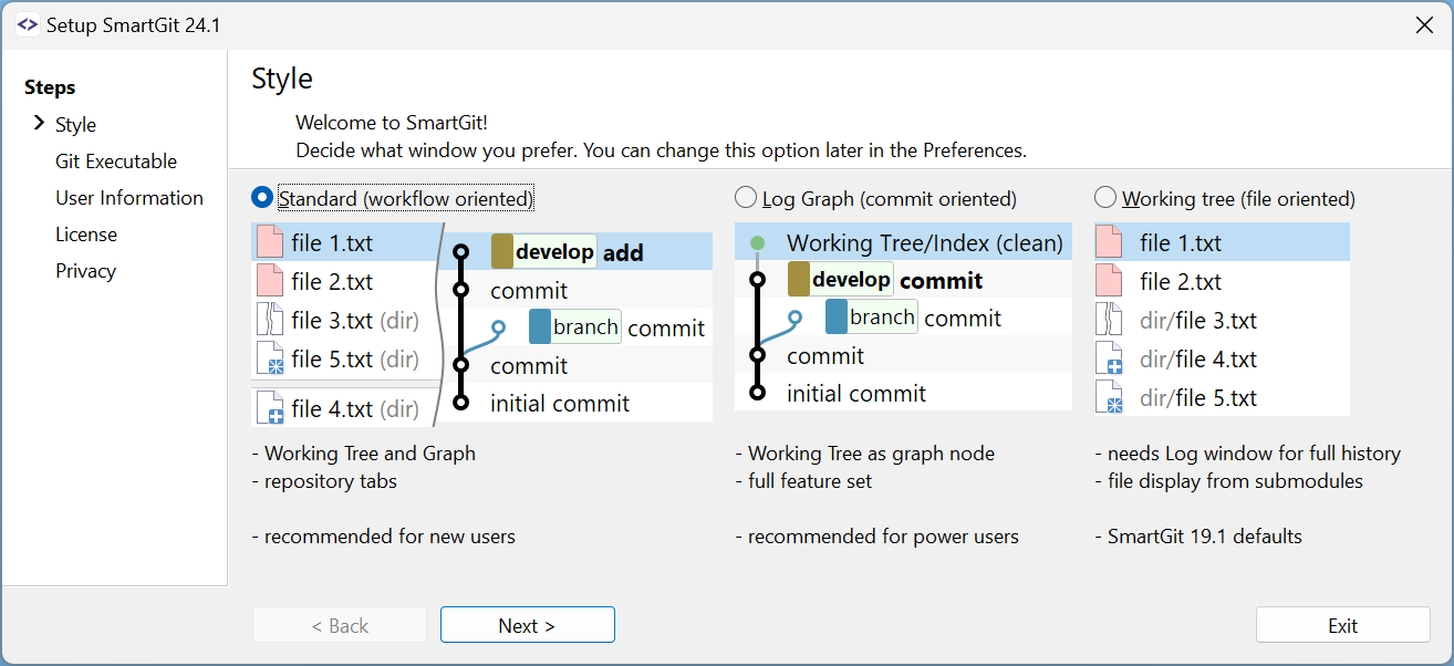 SmartGit 24.1 simplified setup wizard with streamlined configuration process