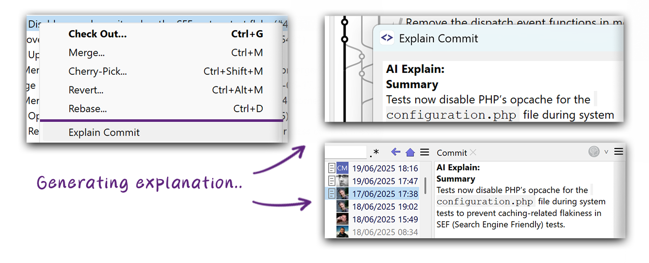SmartGit 25.1 AI commit explanation feature displaying summary in commit details view