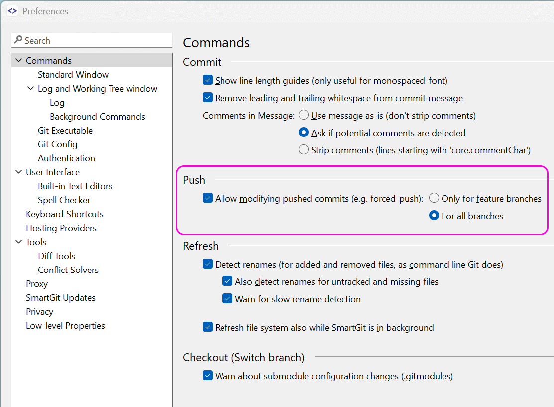 SmartGit 25.1 forced push policy settings with branch-specific safety controls