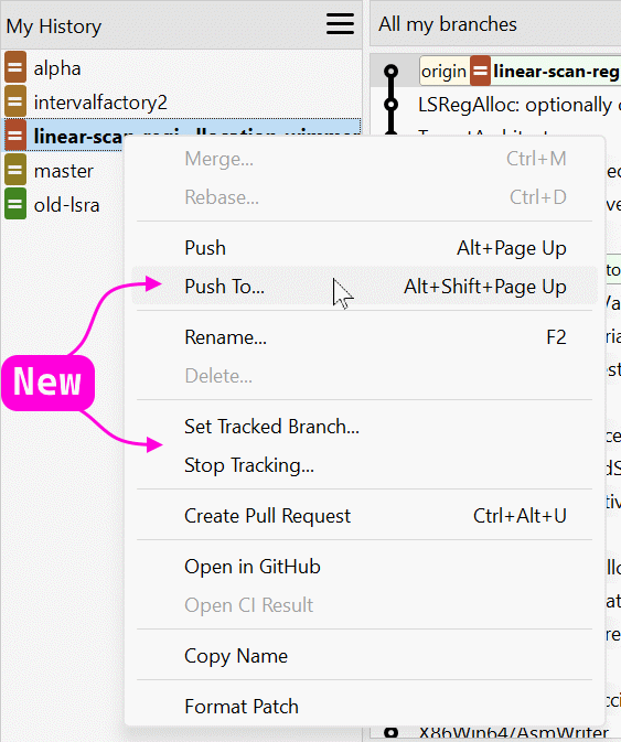 SmartGit 25.1 Standard window branch management commands for tracking and publishing