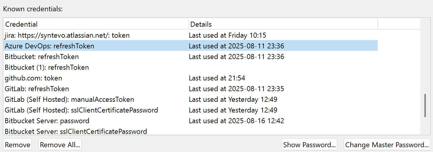 SmartGit 25.1 authentication preferences with secure API token management and password visibility