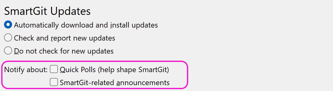 SmartGit 25.1 update notification channels and Quick Polls preferences for customized communication