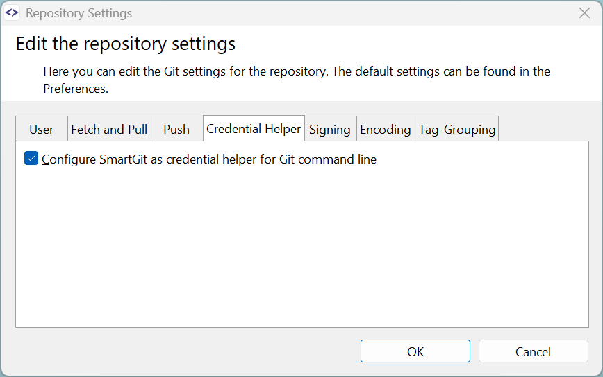 SmartGit 25.1 credential helper configuration in preferences for Git command-line integration