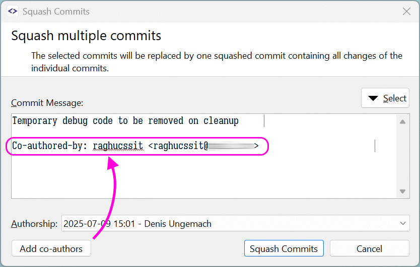 SmartGit 25.1 commit squashing with co-author attribution preserving contributor credit