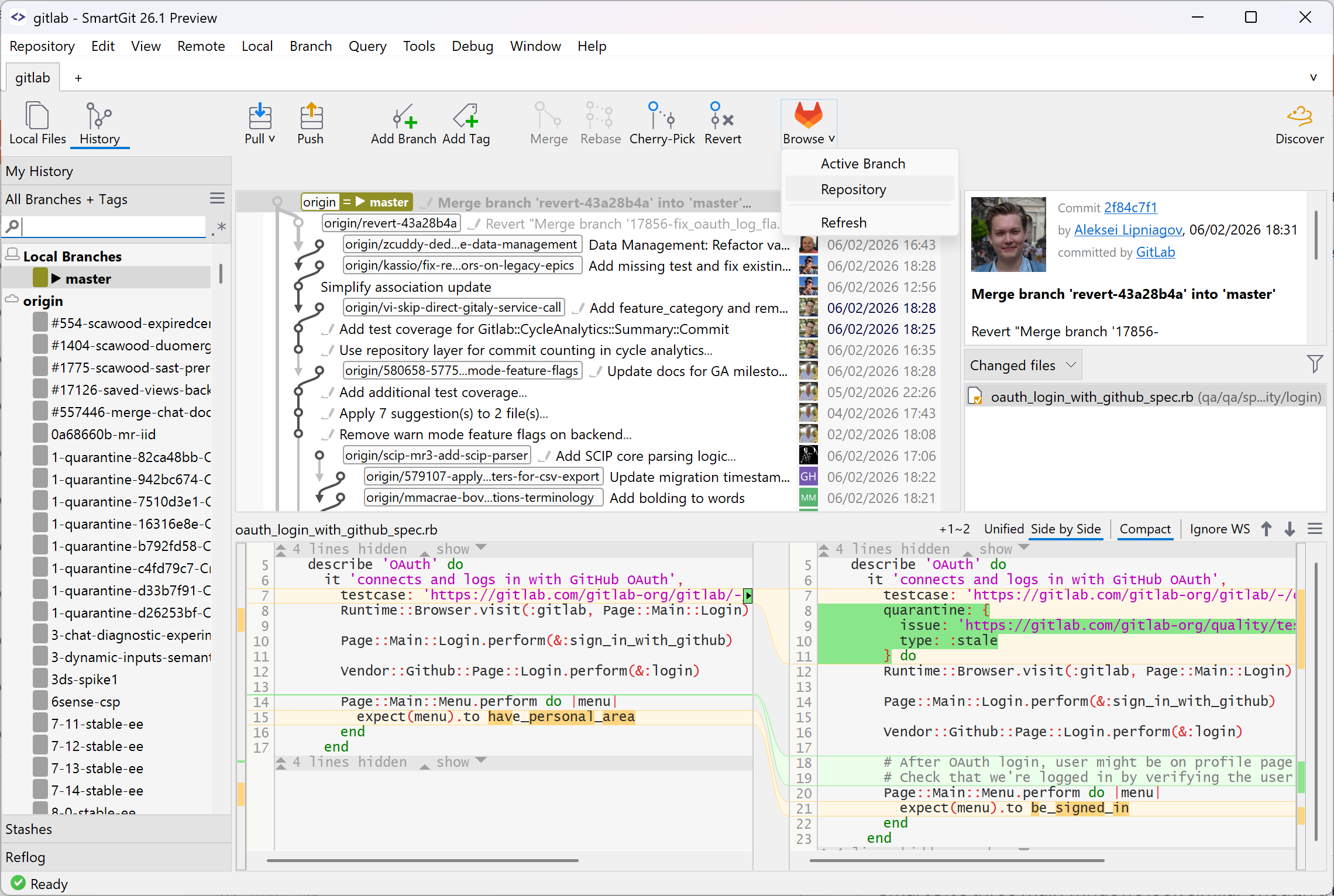 Standard window with GitLab integration, Browse menu, and repository details