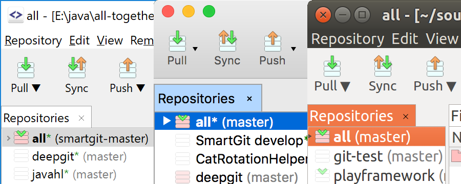 SmartGit interface with integrated file diff and 3-way merge tool highlighting visual conflict resolution.